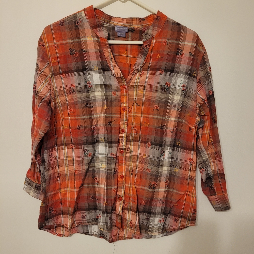 Laura Scott Cotton Floral Check Pattern Plaid Button-Up Shirt Red and Gray Large